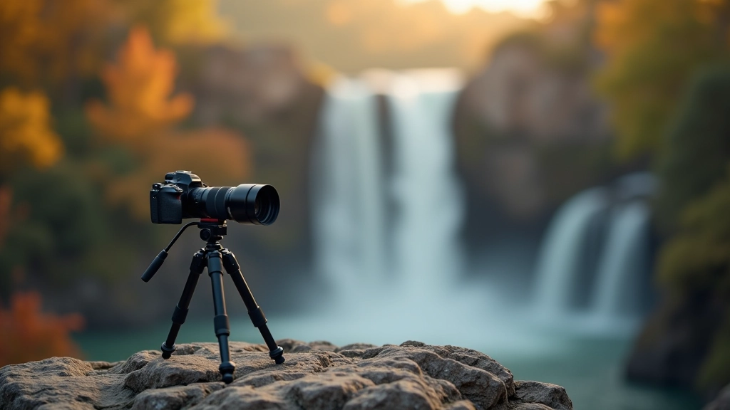 Fotografických vybavení na kamenité skále s výhledem na Mumlavský vodopád v pozadí